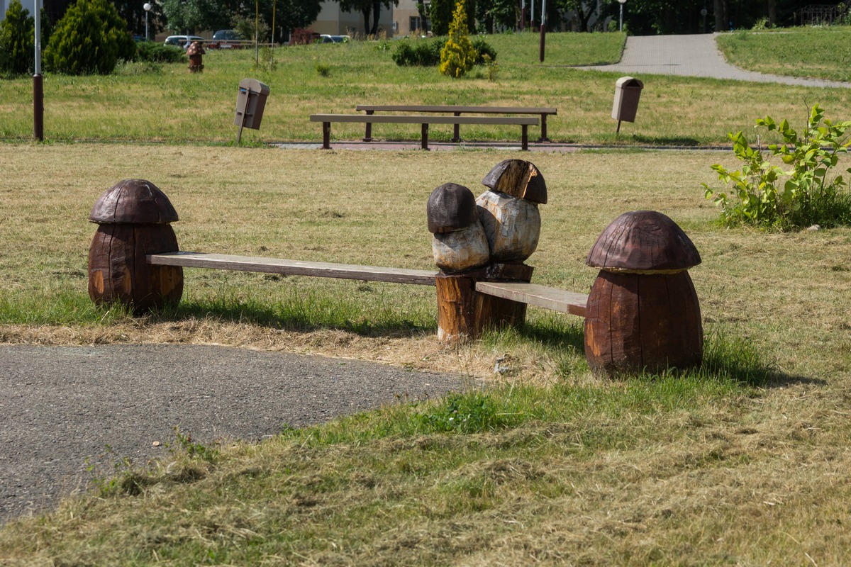В Волковыске. Декоративные парковые грибы у скамейки.