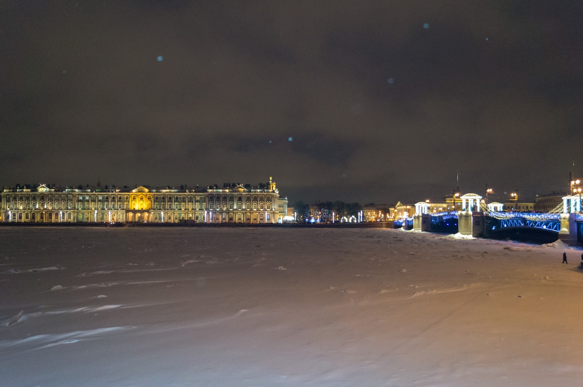 Январский вечер. На Большой Неве. Зимний дворец и Дворцовый мост.